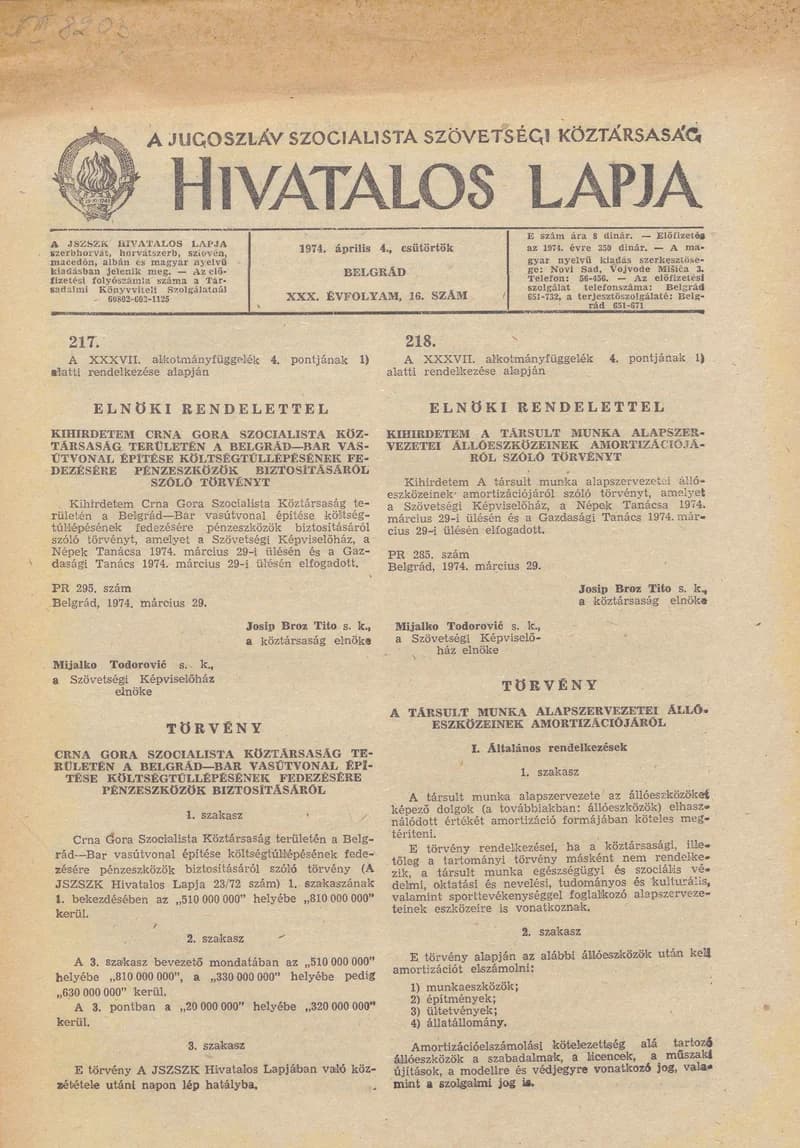 A Jugoszláv Szocialista Szövetségi Köztársaság Hivatalos Lapja, 30. évf. 1974. április 4. 16. sz. 401–424. oldal