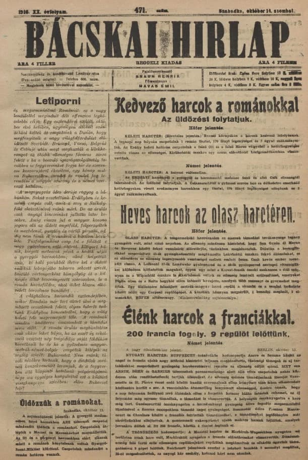 Bácskai Hirlap, 20. évf. 1916. október 14. 471. sz.