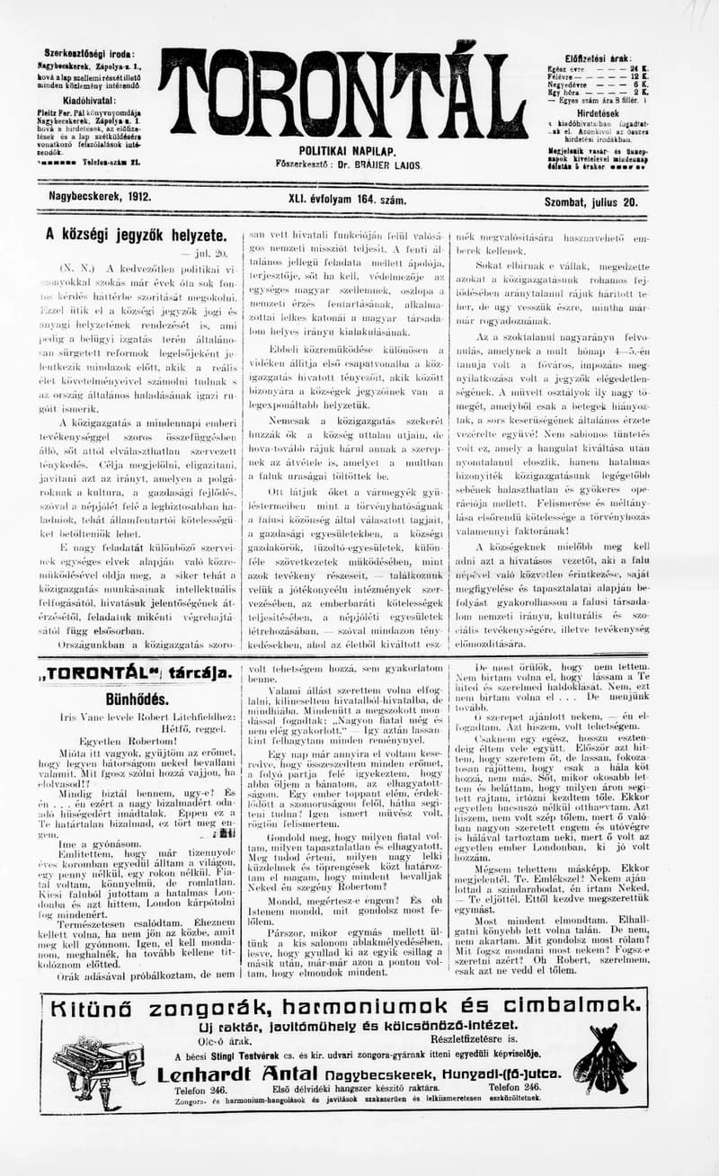 Torontál, 41. évf. 1912. július 20. 164. sz.