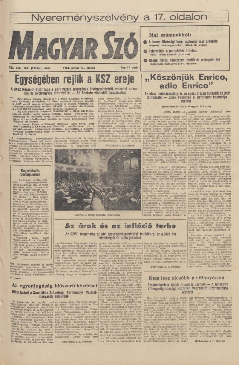 Magyar Szó, 41. évf. 1984. június 13. 161. sz. 1–20. oldal