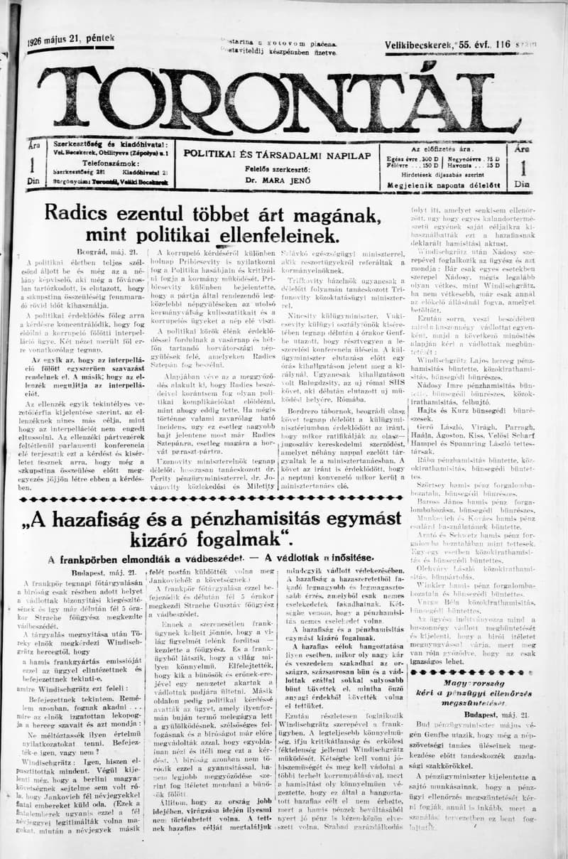Torontál, 55. évf. 1926. május 21. 116. sz.