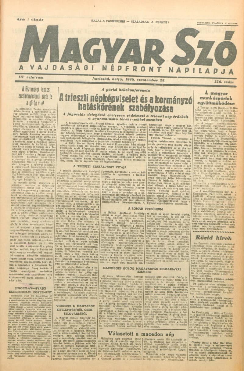 Magyar Szó, 3. évf. 1946. szeptember 23. 226. sz. 1–4. oldal