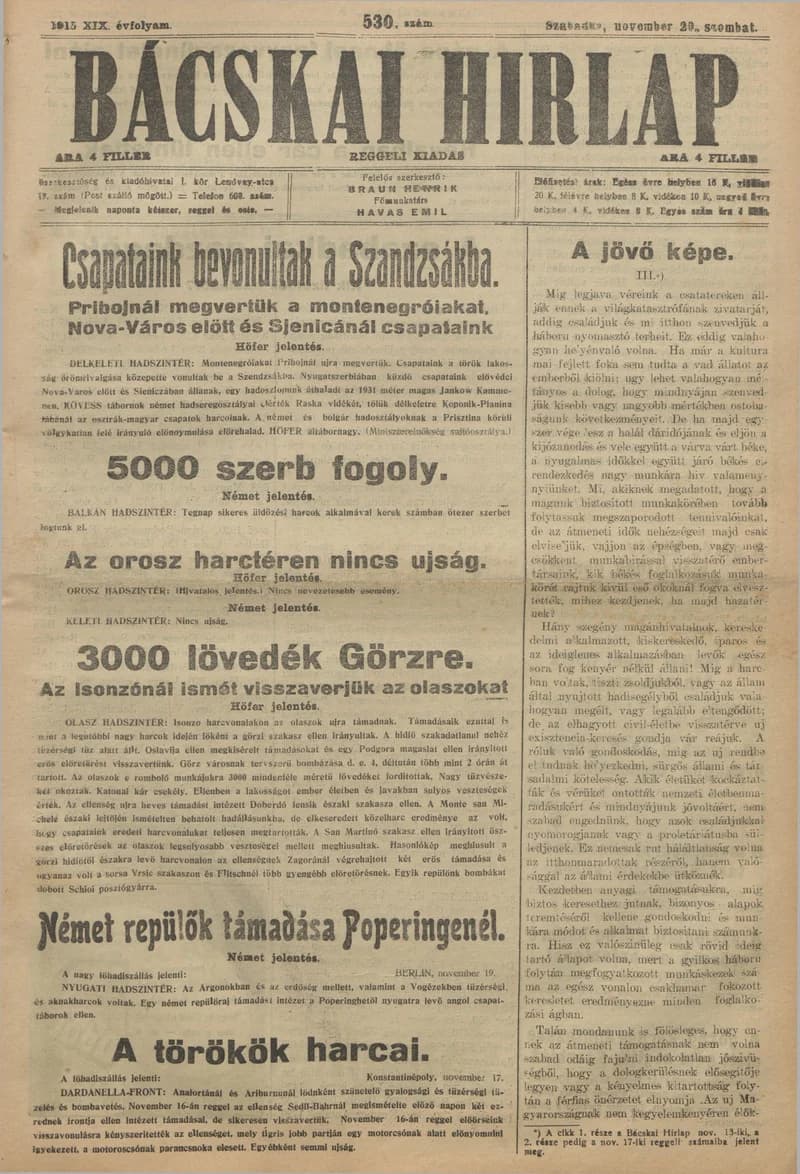 Bácskai Hirlap, 19. évf. 1915. november 20. 530. sz.