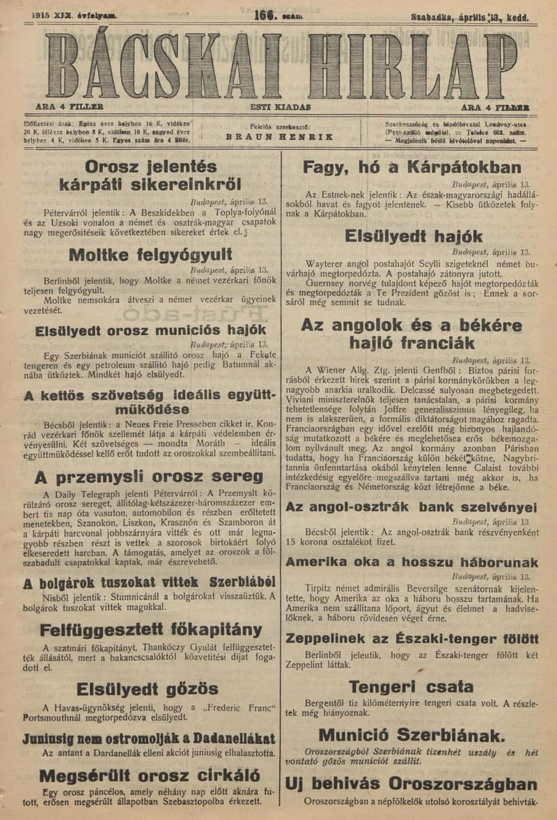 Bácskai Hirlap, 19. évf. 1915. április 13. 166. sz.