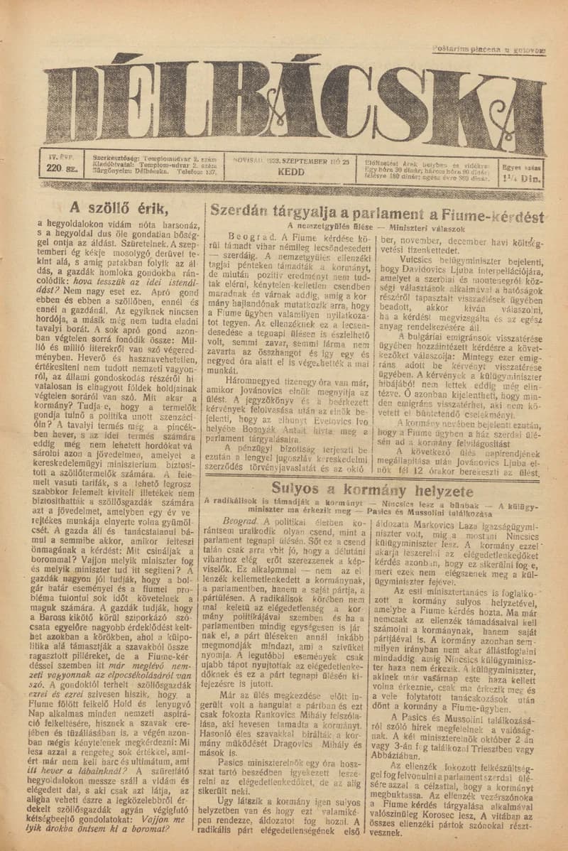 Délbácska, 4. évf. 1923. szeptember 25. 220. sz.