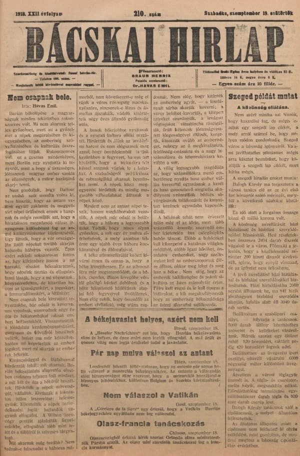 Bácskai Hirlap, 22. évf. 1918. szeptember 19. 210. sz.