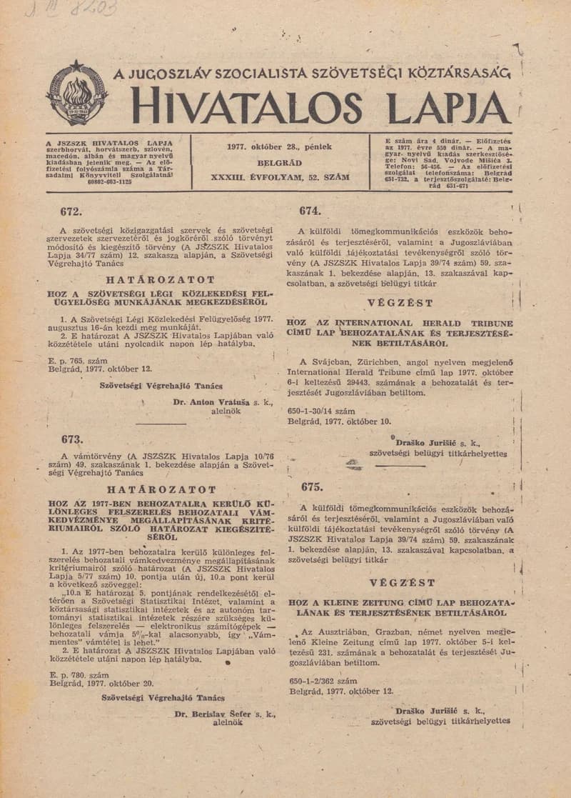 A Jugoszláv Szocialista Szövetségi Köztársaság Hivatalos Lapja, 33. évf. 1977. október 28. 52. sz. 1861–1884. oldal