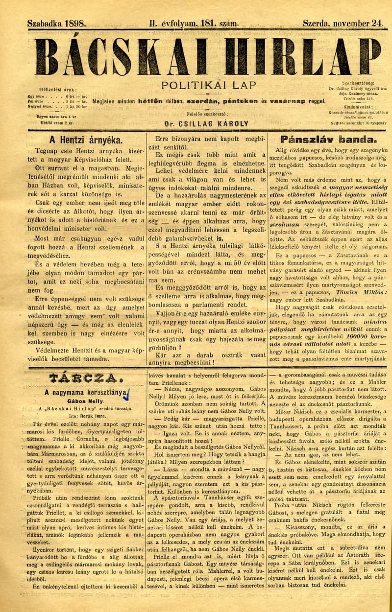 Bácskai Hirlap, 2. évf. 1898. november 24. 181. sz. 1–4. oldal
