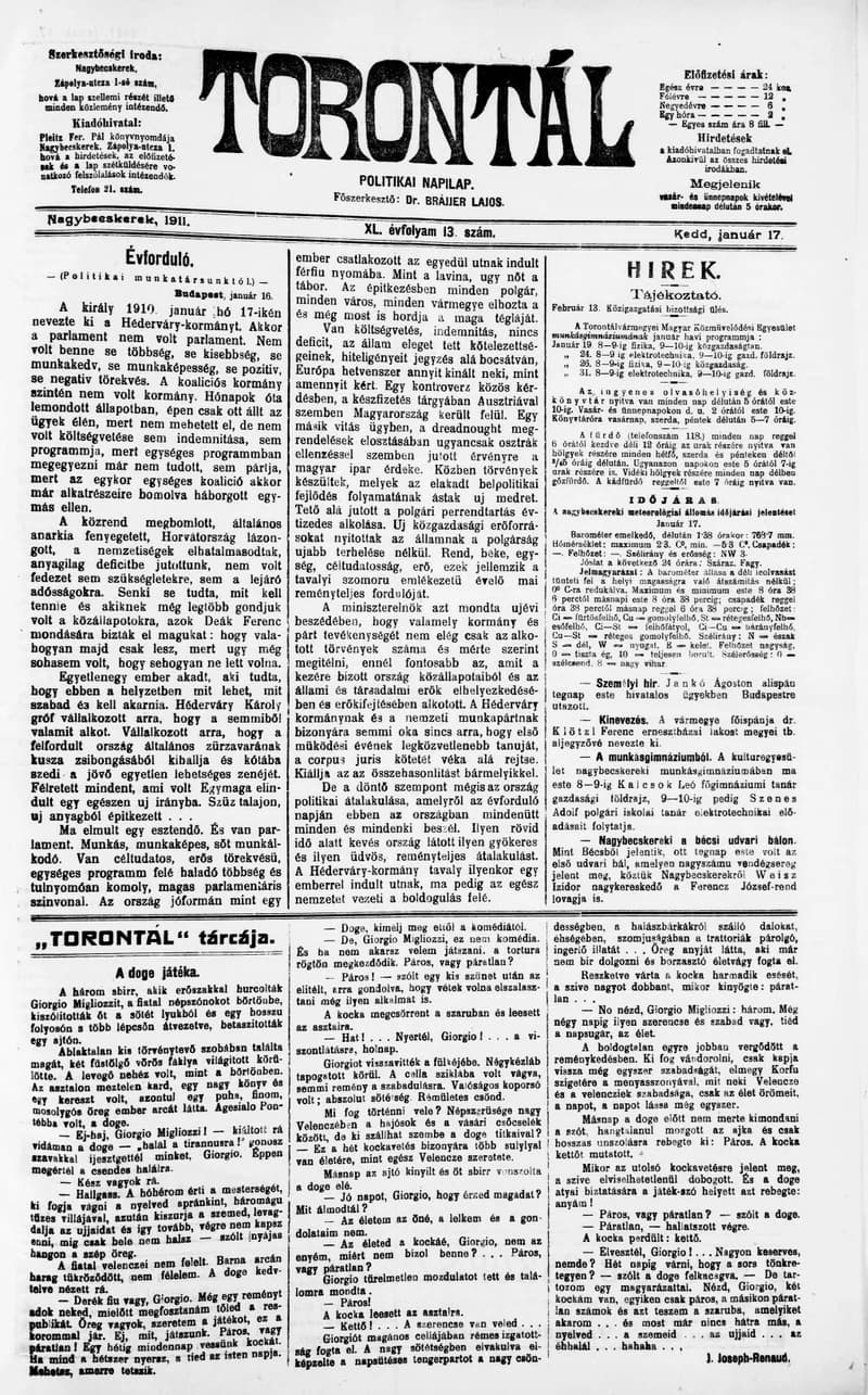Torontál, 40. évf. 1911. január 17. 13. sz.
