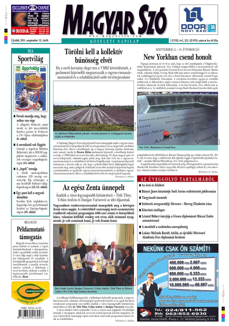 Magyar Szó, 68. évf. 2011. szeptember 12. 212. sz. 1–16. oldal