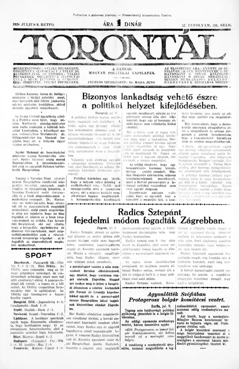Torontál, 57. évf. 1928. július 9. 156. sz.