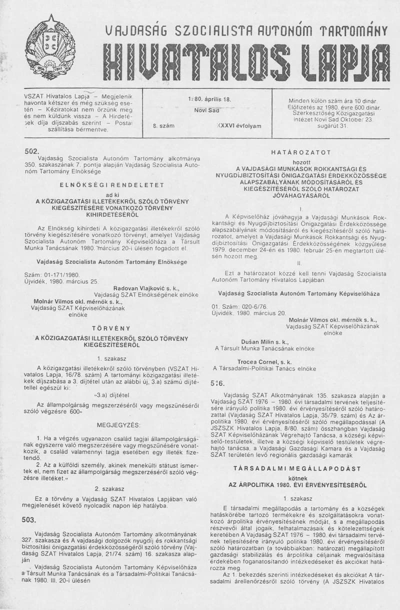 Vajdaság Szocialista Autonóm Tartomány Hivatalos Lapja, 36. évf. 1980. április 18. 8. sz. 401–412. oldal