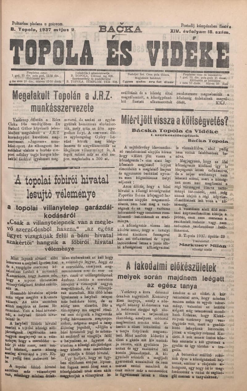 Bačka Topola és Vidéke, 14. évf. 1937. május 2. 18. sz.