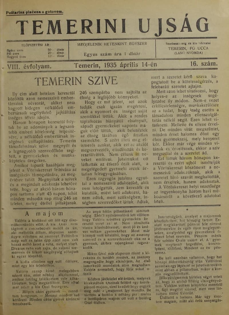 Temerini Újság 1928-1944, 8. évf. 1935. április 14. 16. sz.