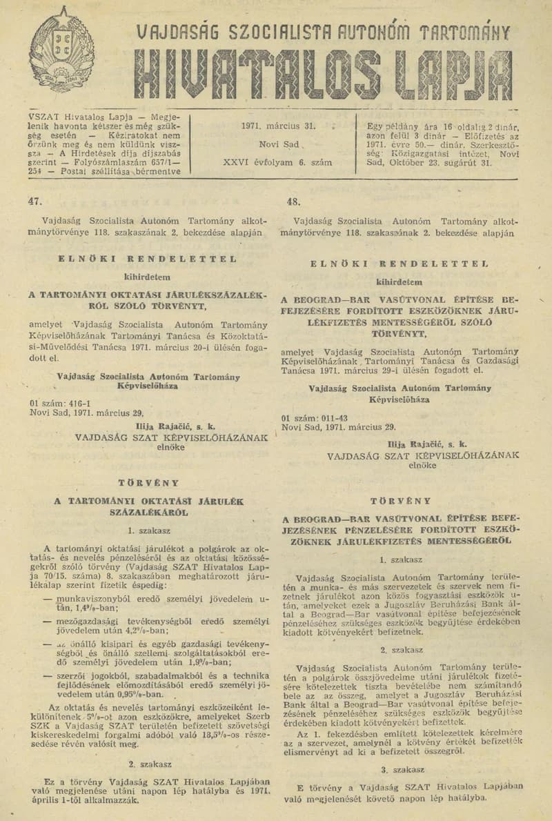 Vajdaság Szocialista Autonóm Tartomány Hivatalos Lapja, 27. évf. 1971. március 31. 6. sz. 77–80. oldal