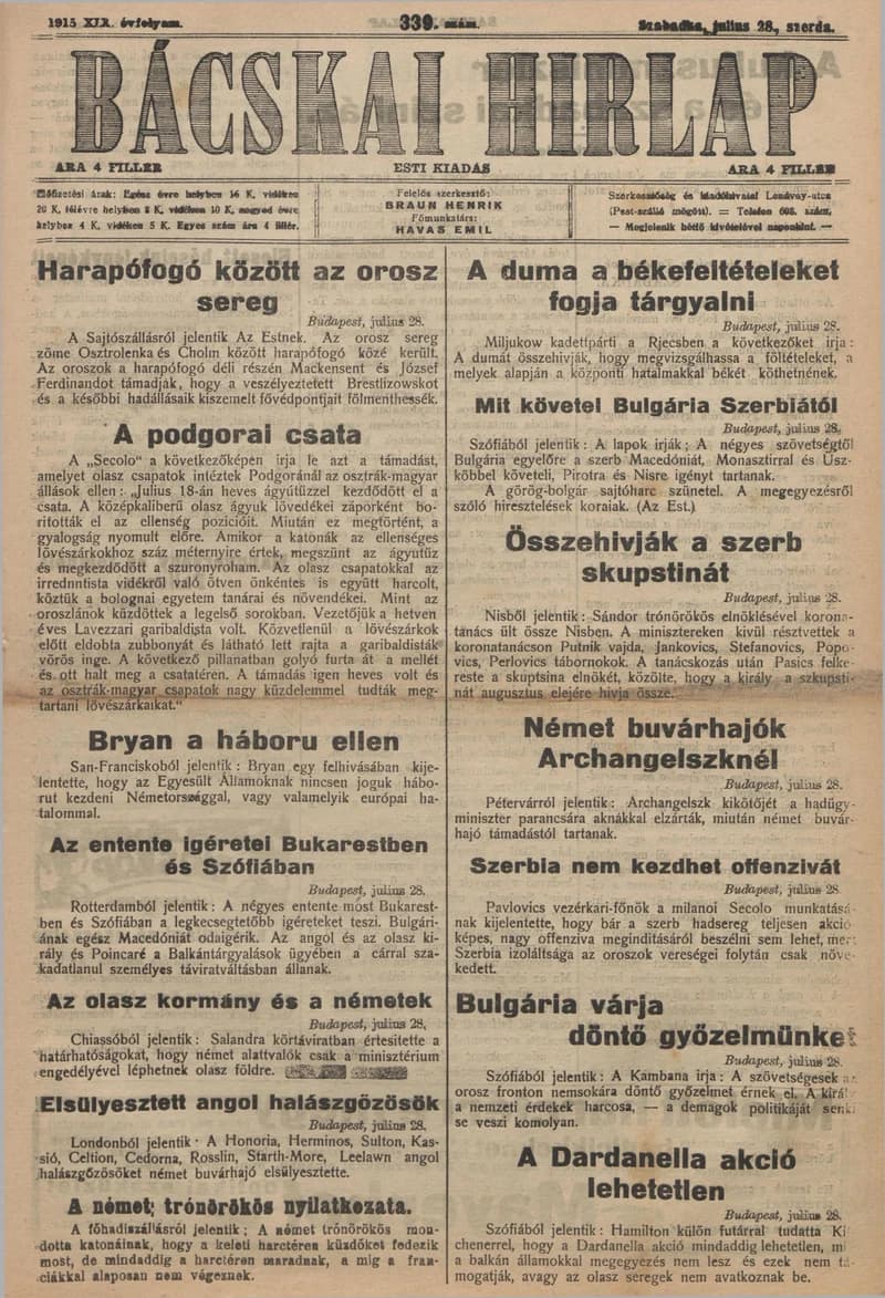 Bácskai Hirlap, 19. évf. 1915. július 28. 339. sz.