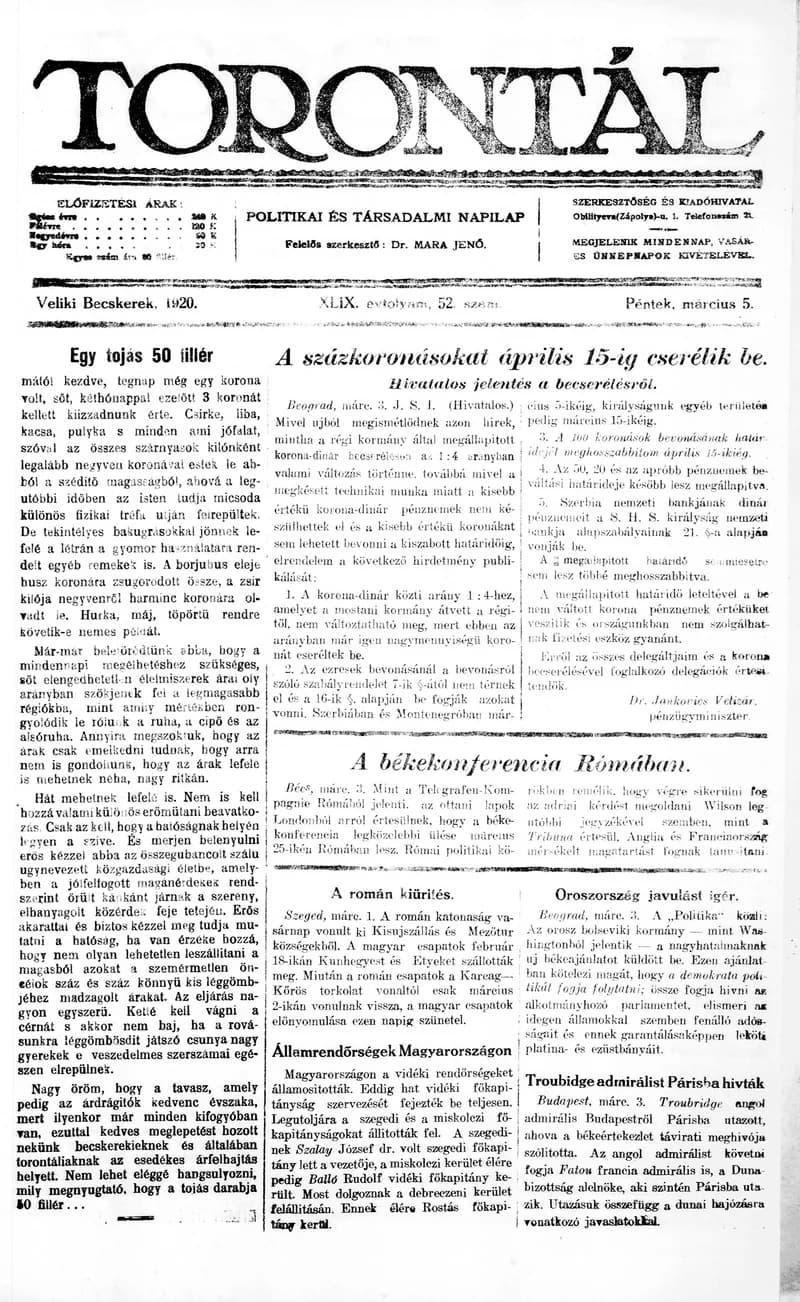 Torontál, 49. évf. 1920. március 5. 52. sz.