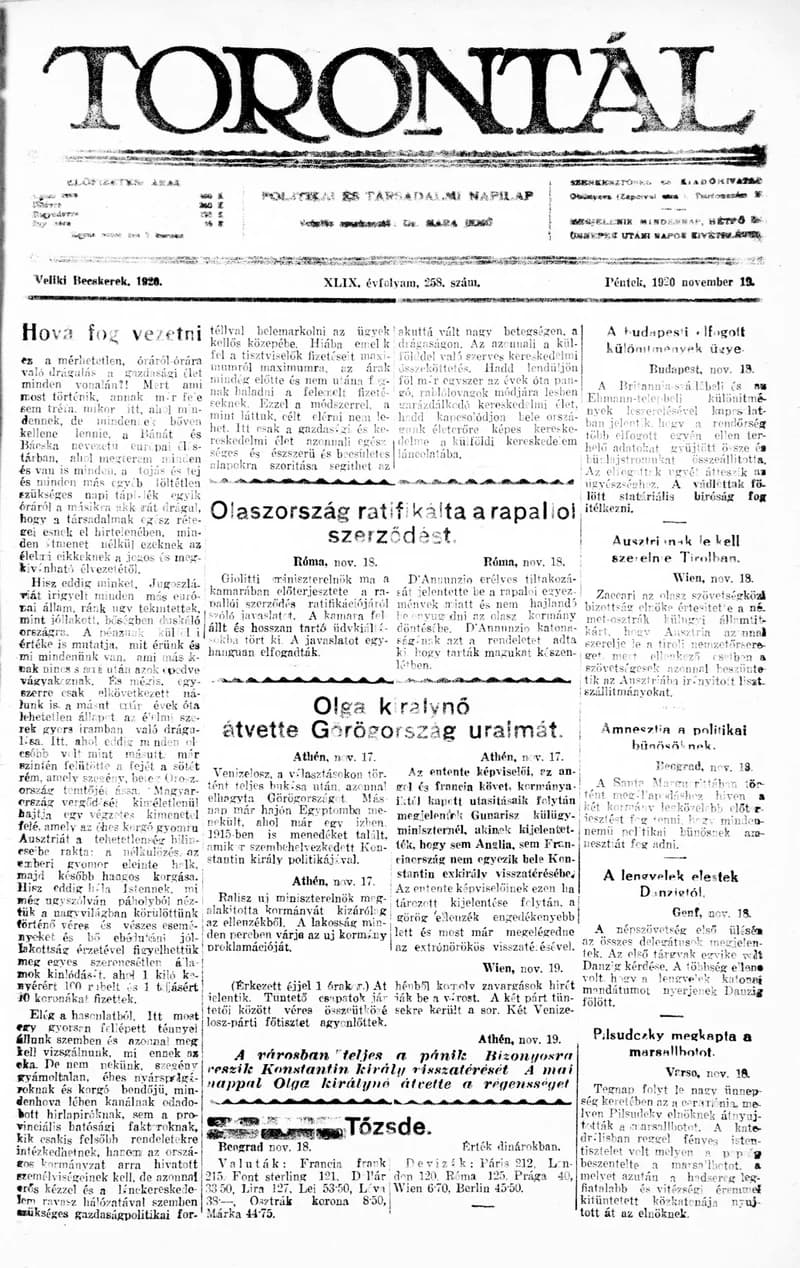 Torontál, 49. évf. 1920. november 19. 258. sz.