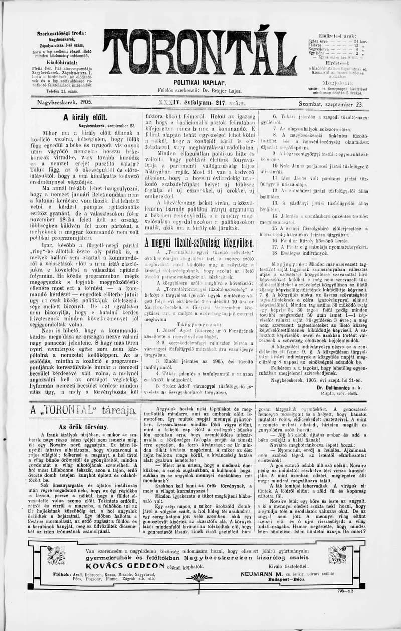 Torontál, 34. évf. 1905. szeptember 23. 217. sz.