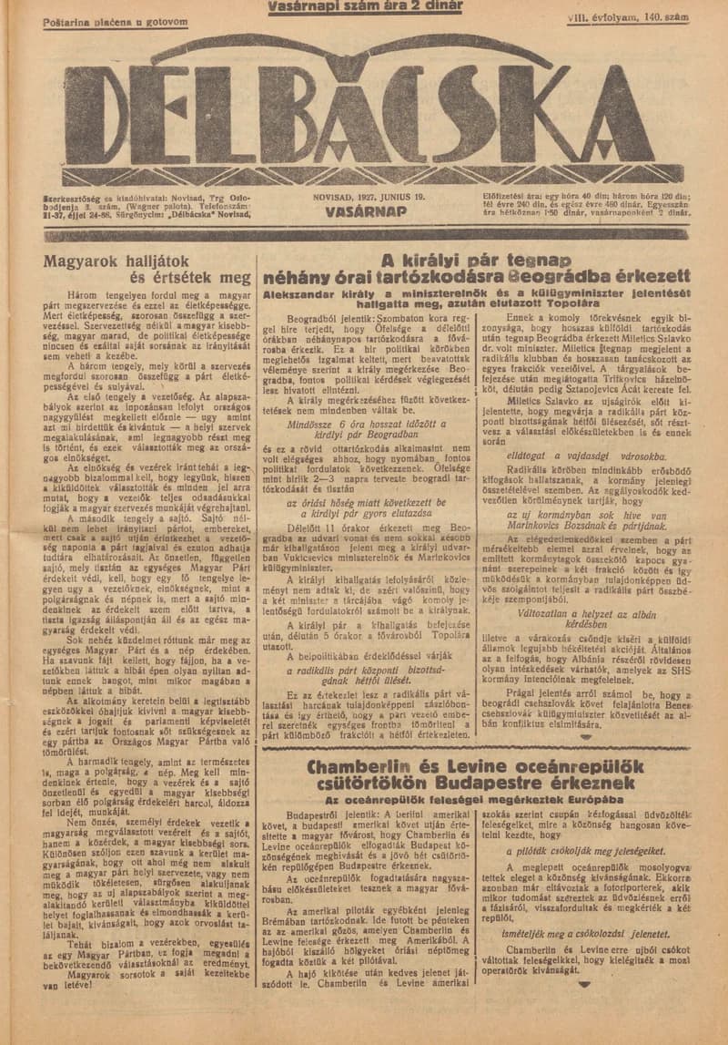 Délbácska, 8. évf. 1927. június 19. 140. sz.