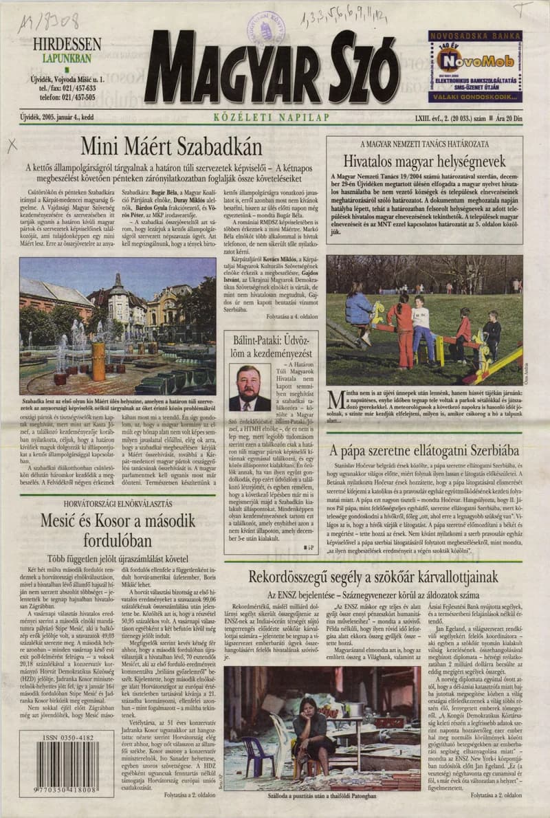 Magyar Szó, 62. évf. 2005. január 4. 2. sz. 1–20. oldal