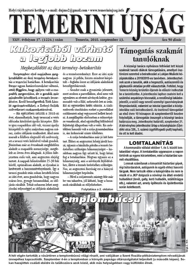 Temerini Újság, 24. évf. 2018. szeptember 13. 37. sz.