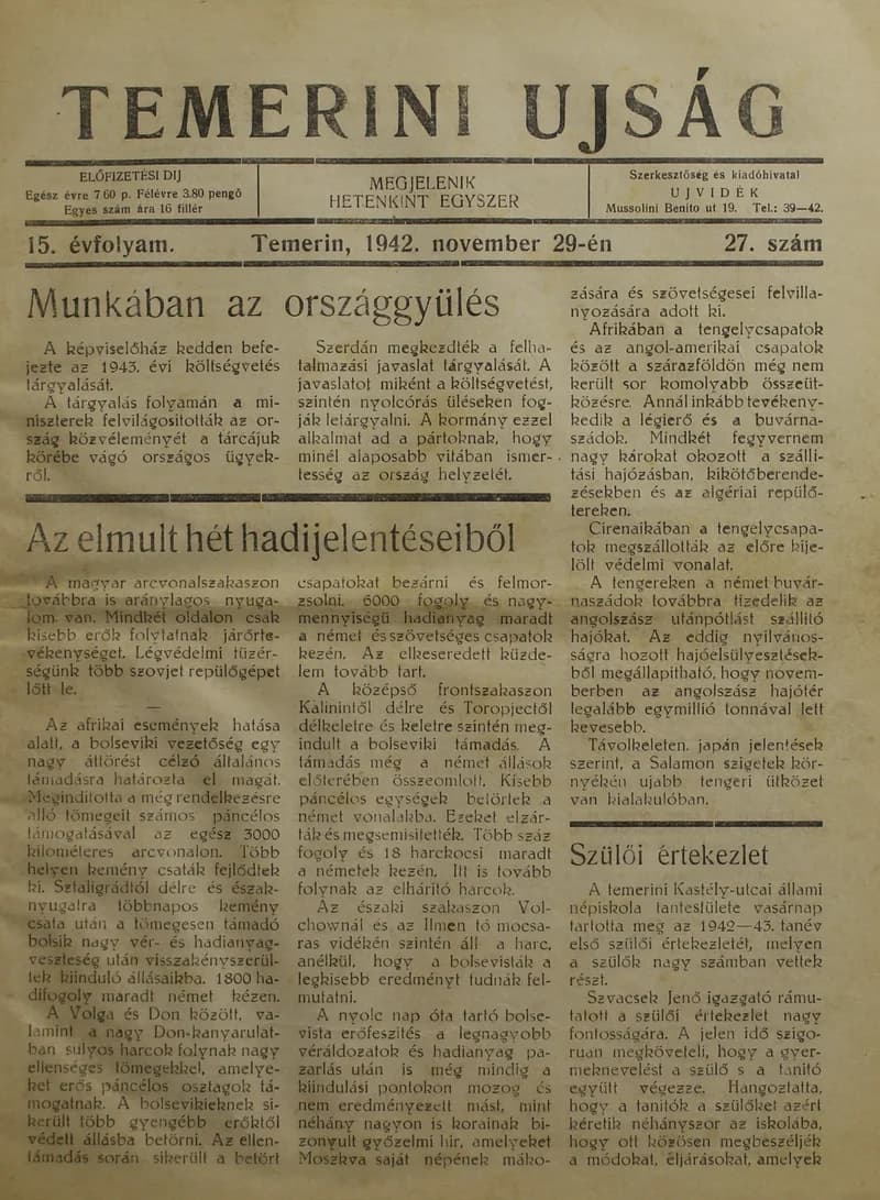 Temerini Újság 1928-1944, 15. évf. 1942. november 29. 27. sz.