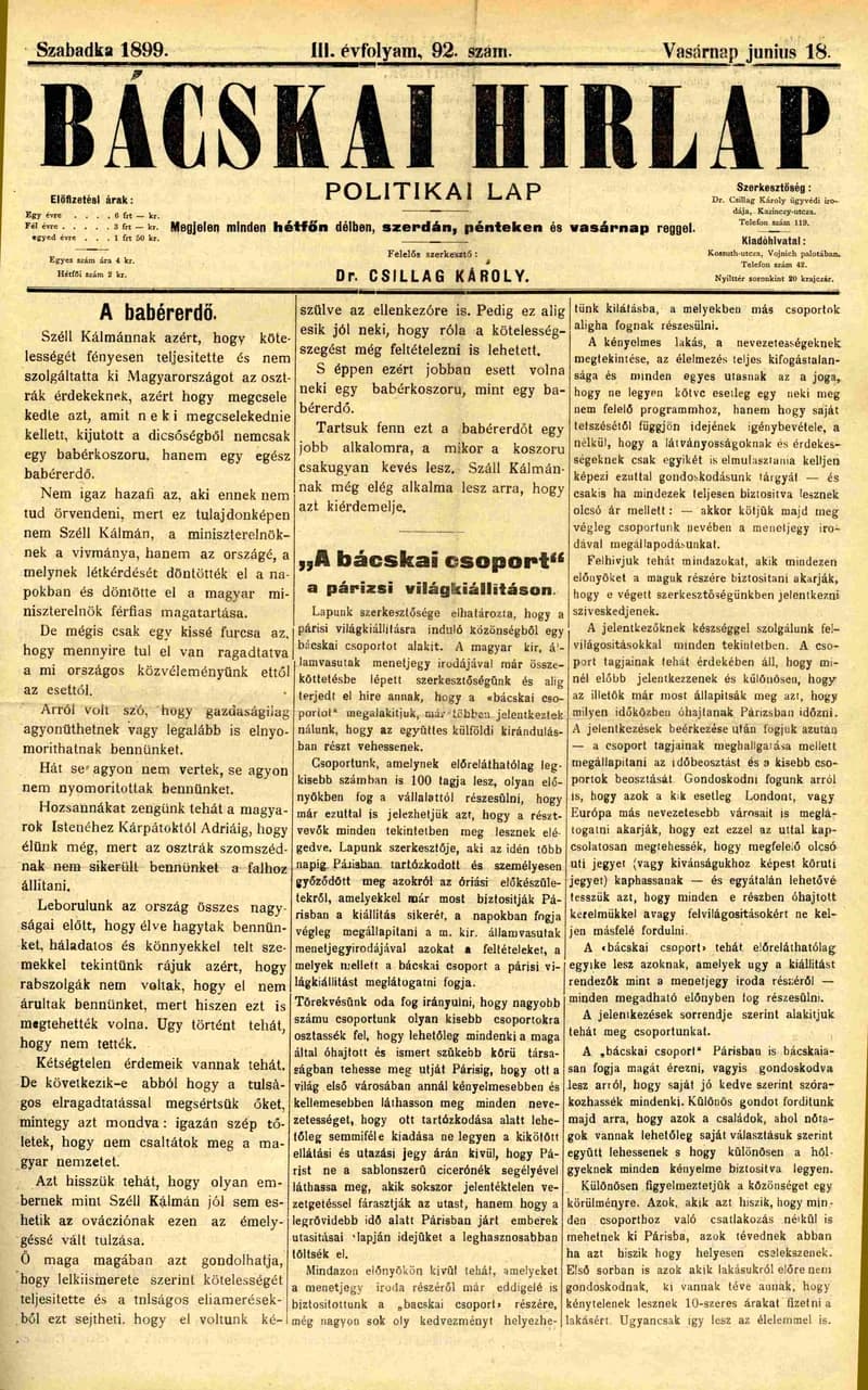 Bácskai Hirlap, 3. évf. 1899. június 18. 92. sz.