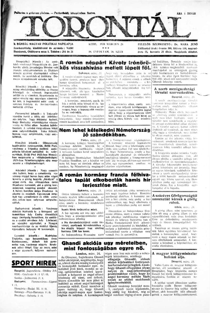 Torontál, 59. évf. 1930. március 25. 70. sz.