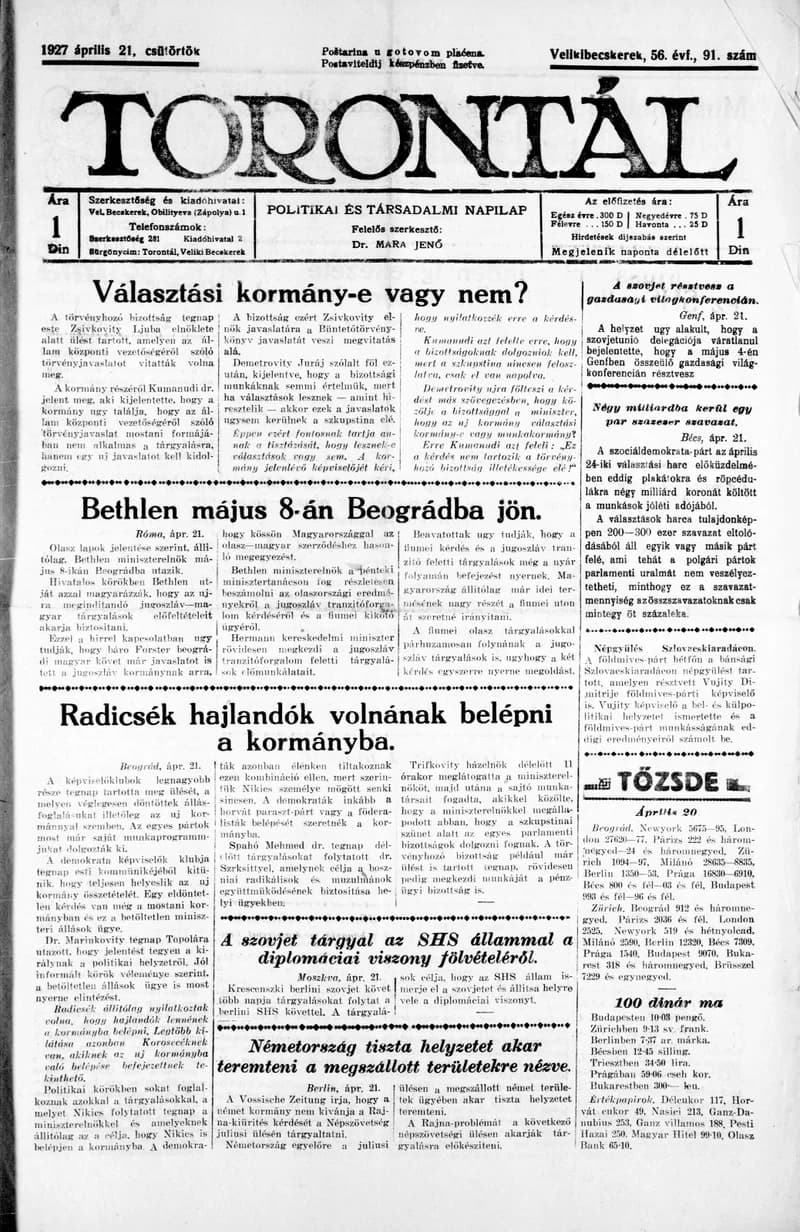 Torontál, 56. évf. 1927. április 21. 91. sz.