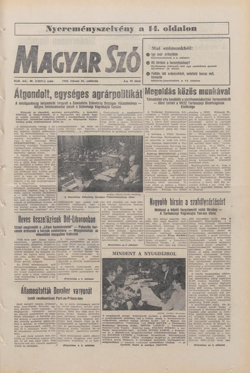 Magyar Szó, 43. évf. 1986. február 20. 49. sz. 1–20. oldal