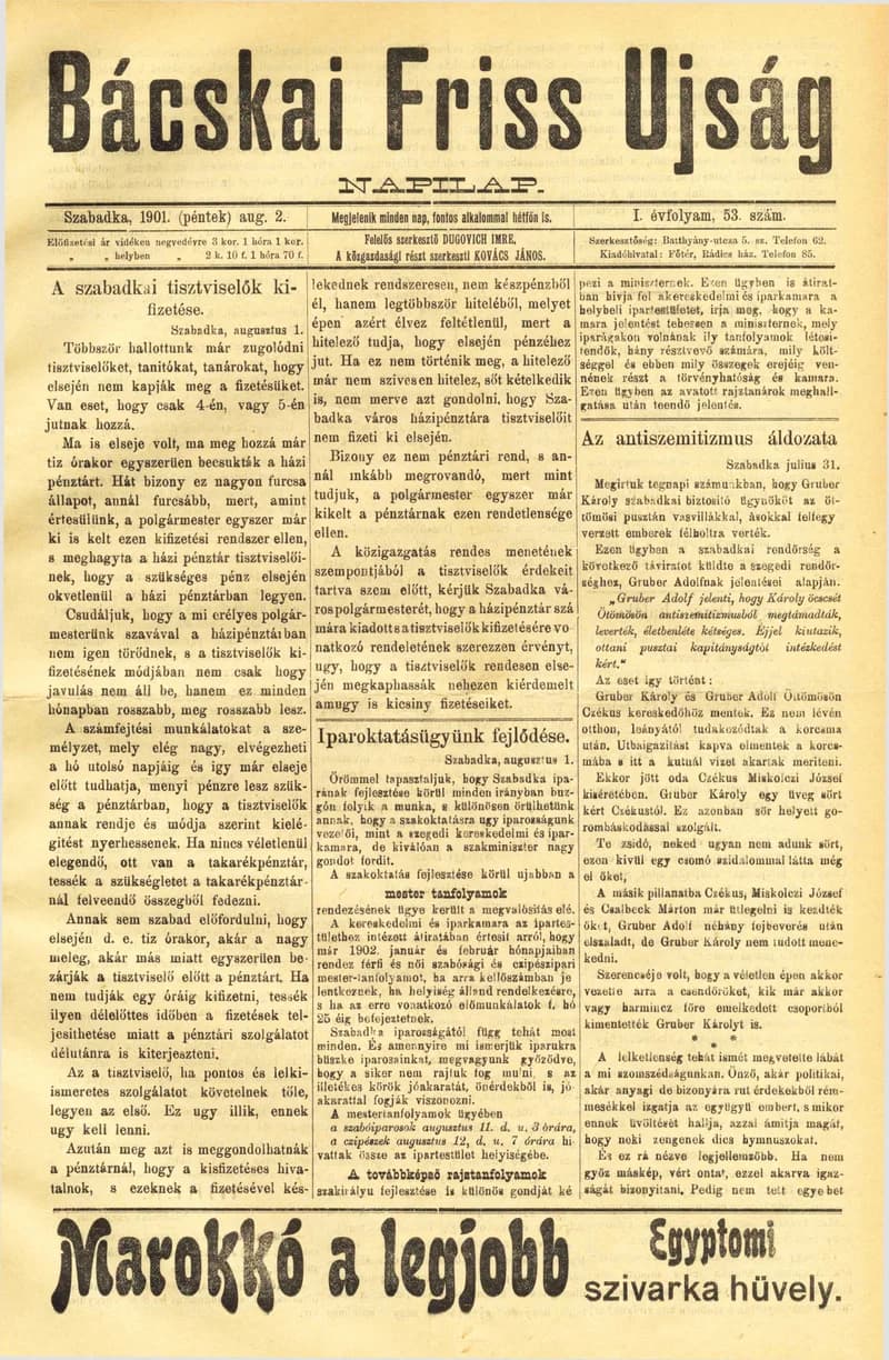 Bácskai Friss Ujság, 1. évf. 1901. augusztus 2. 53. sz.