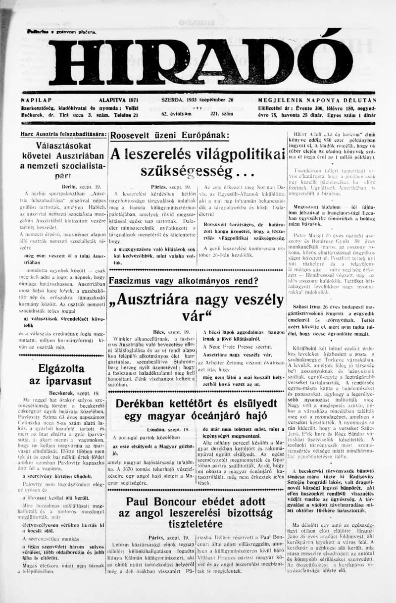 Híradó, 62. évf. 1933. szeptember 20. 221. sz.