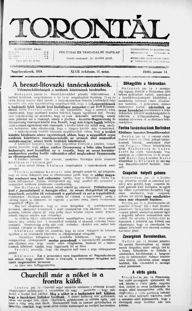 Torontál, 47. évf. 1918. január 14. 11. sz.