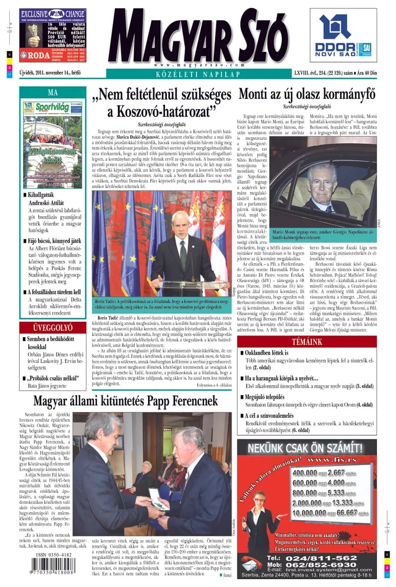 Magyar Szó, 68. évf. 2011. november 14. 266. sz. 1–16. oldal