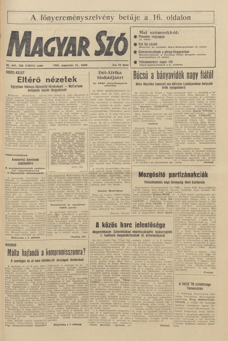 Magyar Szó, 40. évf. 1983. augusztus 22. 230. sz. 1–16. oldal