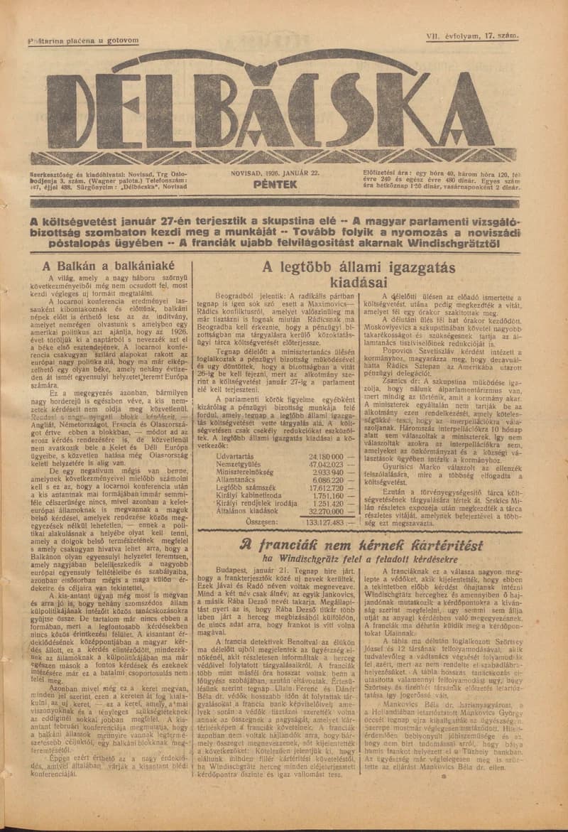 Délbácska, 7. évf. 1926. január 22. 17. sz.