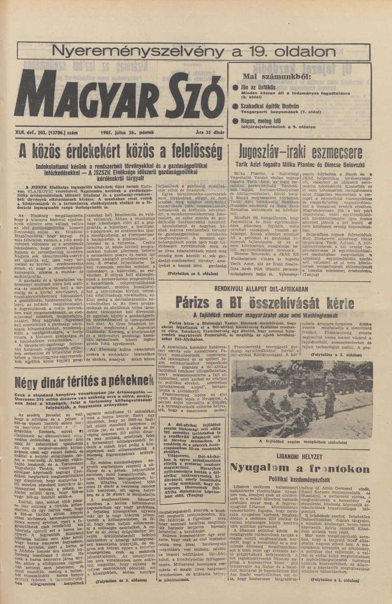 Magyar Szó, 42. évf. 1985. július 26. 203. sz. 1–20. oldal