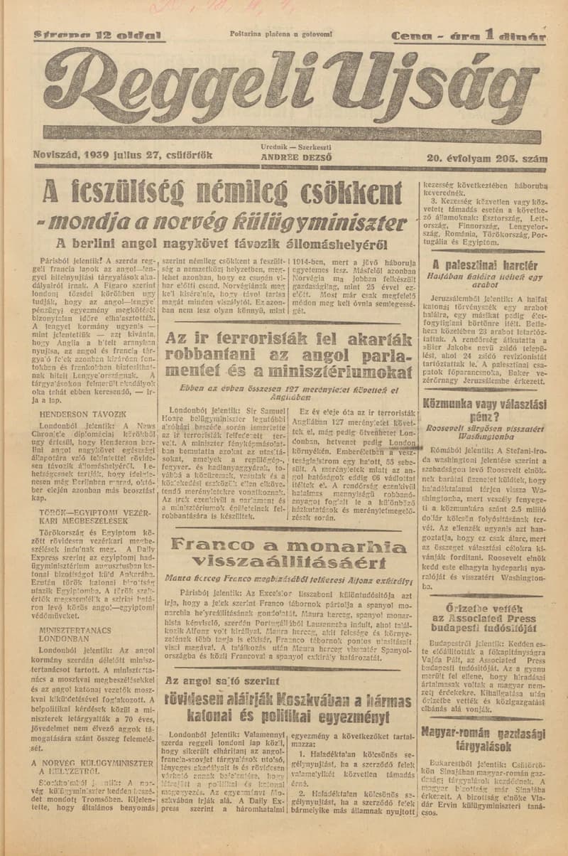 Reggeli Újság, 20. évf. 1939. július 27. 205. sz.