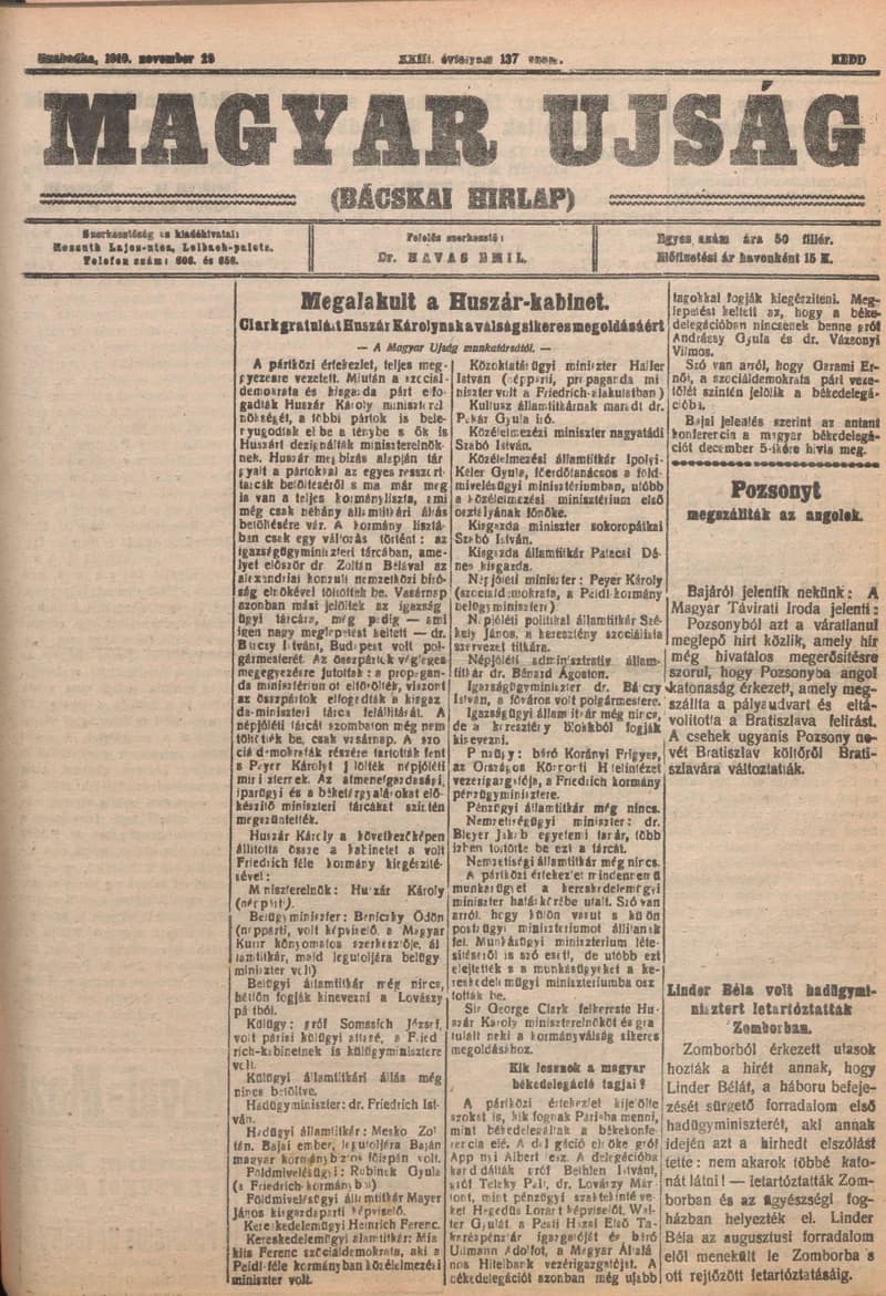 Bácskai Hirlap, 23. évf. 1919. november 25. 137. sz.