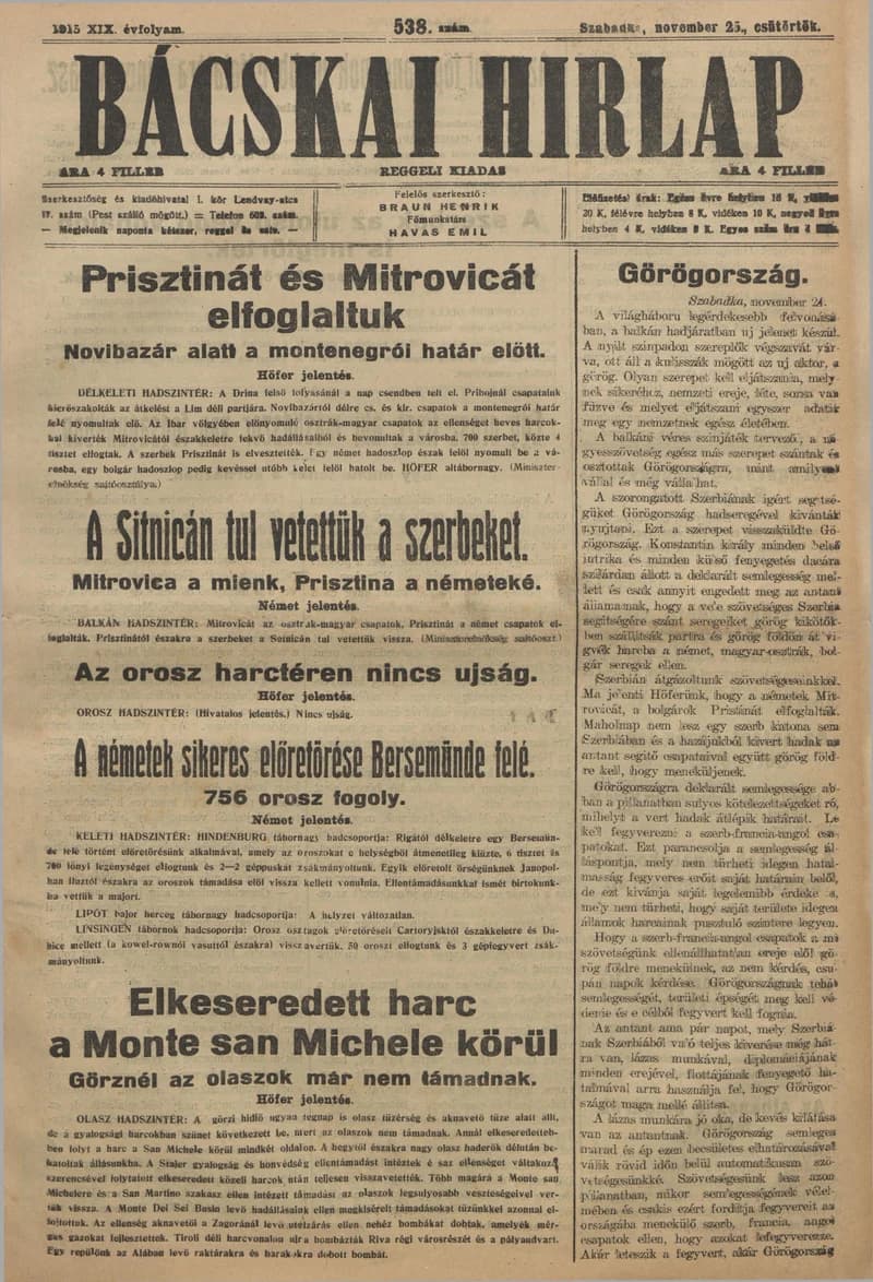 Bácskai Hirlap, 19. évf. 1915. november 25. 538. sz.