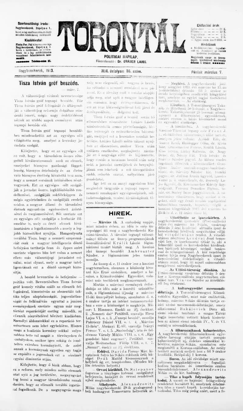 Torontál, 42. évf. 1913. március 7. 55. sz.
