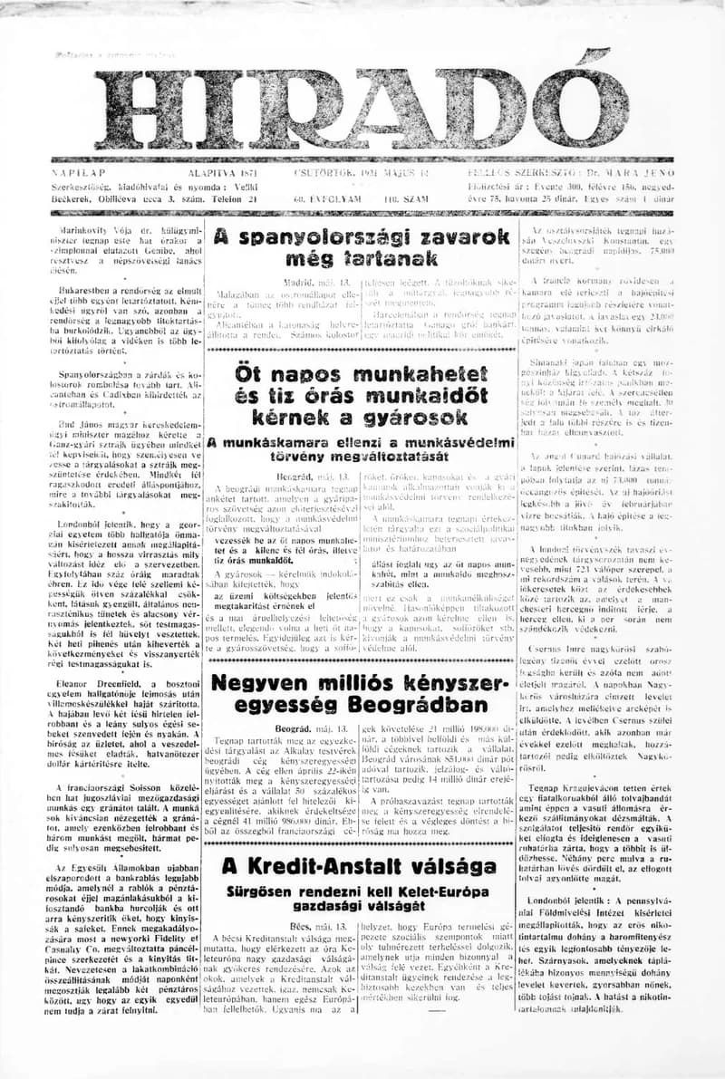 Híradó, 60. évf. 1931. május 14. 110. sz.