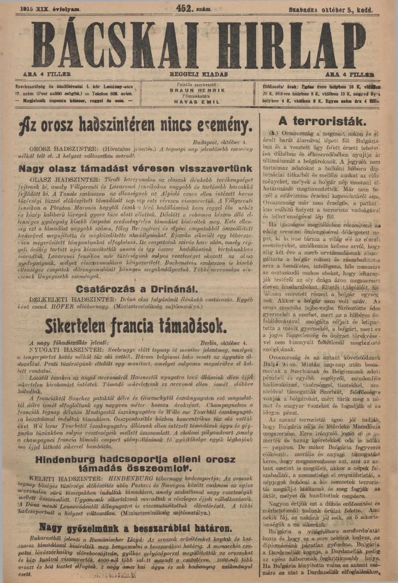 Bácskai Hirlap, 19. évf. 1915. október 5. 452. sz.