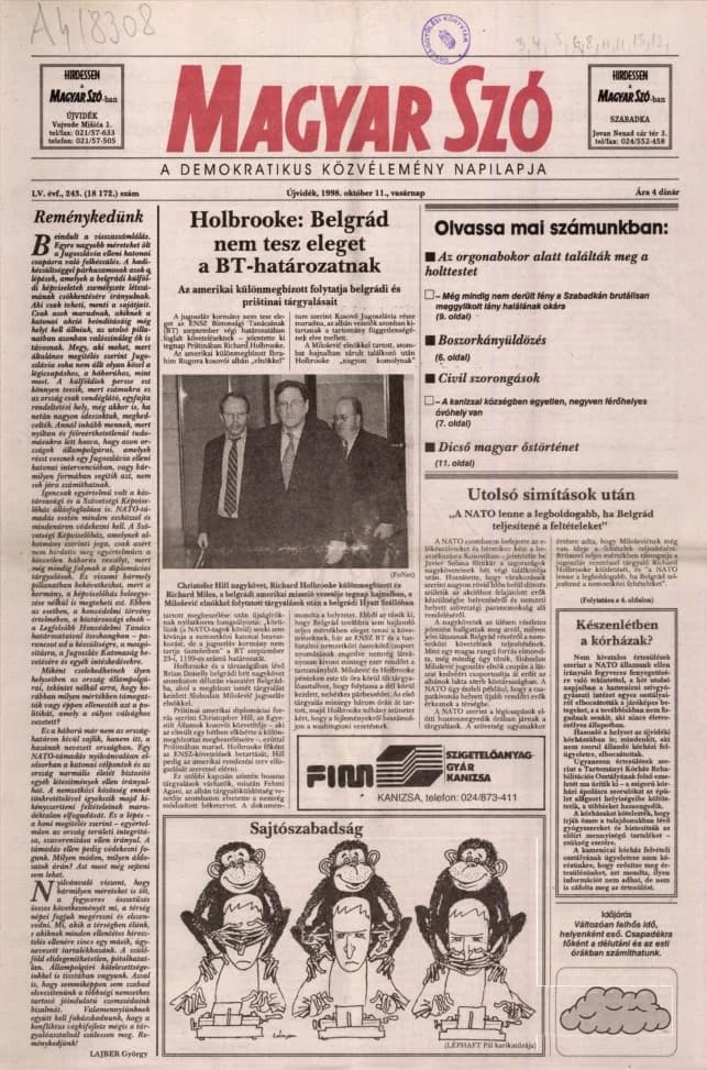 Magyar Szó, 55. évf. 1998. október 11. 243. sz. 1–24. oldal