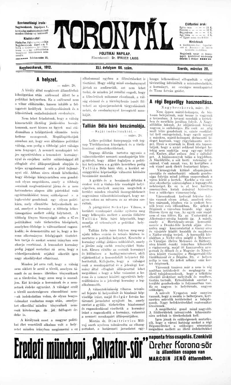 Torontál, 41. évf. 1912. március 20. 66. sz.