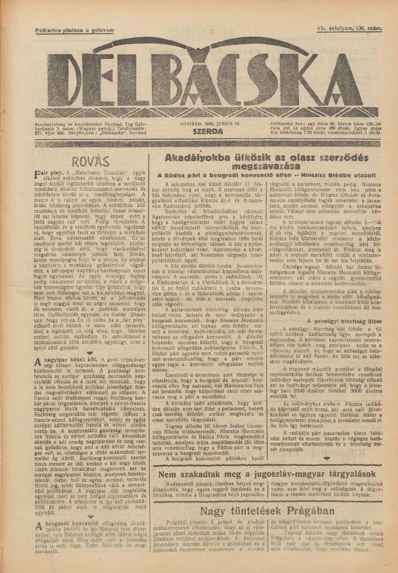 Délbácska, 7. évf. 1926. június 16. 136. sz.