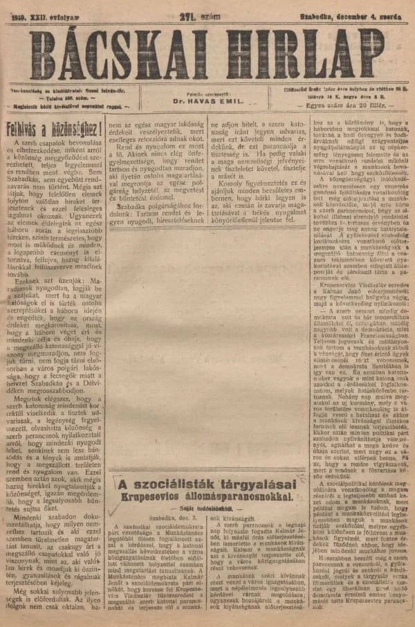 Bácskai Hirlap, 22. évf. 1918. december 4. 271. sz.