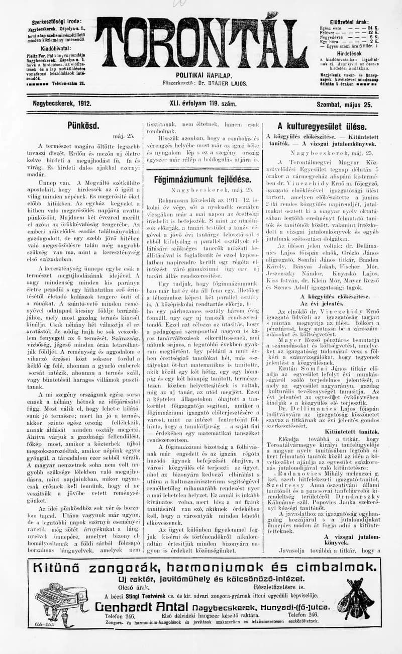 Torontál, 41. évf. 1912. május 25. 119. sz.