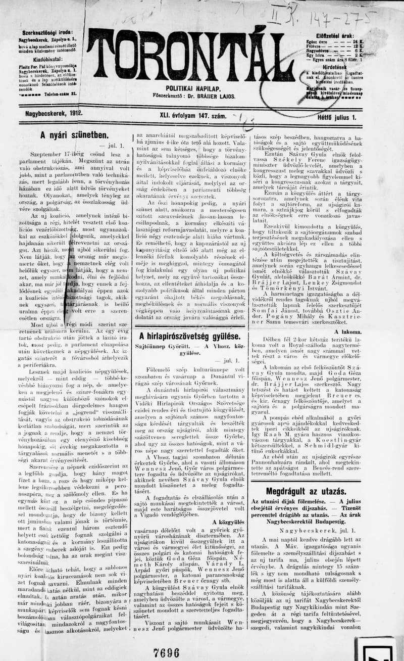 Torontál, 41. évf. 1912. július 1. 147. sz.